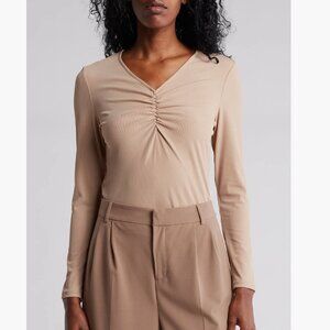 NWT ADRIANNA PAPELL Ruched Long Sleeve Nude Rib Top Large